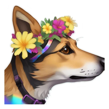 brindle brown black maroon gold lurcher Alsatian fox running blue eyes and iridescent holographic oilslick harness wearing paper iridescent tropical flower crown yellow caution tape sticker