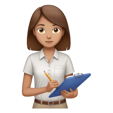 Intern or volunteer with brown hair holding a clipboard and pencil, ready to take notes or assist. The character wears a simple shirt and has an eager posture sticker