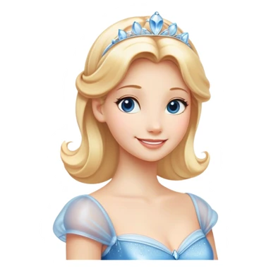 Cinematic Radiant Cinderella Portrait Emoji, rendered in a clean vector-style with bold proportions. Show Cinderella with a warm, serene smile, fair skin, and lustrous blonde hair, wearing a simple yet elegant dress that shimmers with gentle light. The image glows with an inviting, soft radiance and high shine, embodying timeless beauty. sticker