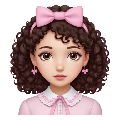 A fair-skinned girl with dark brown curly hair, wearing soft natural pink-toned makeup. She is dressed in a fitted long-sleeve white cotton blouse with tiny pink embroidered bows on the collar. She also wears a pink headband. sticker