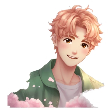 Gorgeous bright sparkly anime style shojo guy with blushing face and flowers aesthetic trending style outside sticker