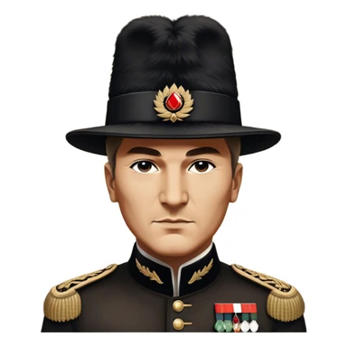 ​Cinematic Realistic Portrait of a Young Mustafa Kemal Atatürk, depicted wearing an iconic tall black fur hat along with traditional attire, his confident, visionary expression illuminated by warm, inspiring lighting, rendered with rich historical textures that capture his youthful dynamism and transformative leadership, sticker