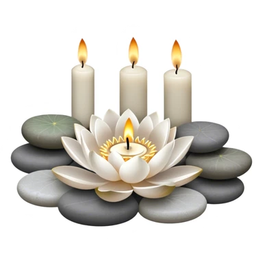A photorealistic icon featuring lotus flowers, burning incense sticks, smooth round sea stones, and multiple small round candles arranged in a calming, tranquil setting. Soft, peaceful colors with detailed textures that evoke mindfulness and inner peace. Transparent background. sticker