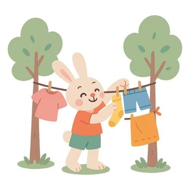 a bunny hanging laundry between trees, calming domestic forest feel, soft pastel colors sticker