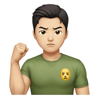 A determined Korean man in a greed shirt, clenching his fist with a confident expression. Emoji-style digital illustration sticker