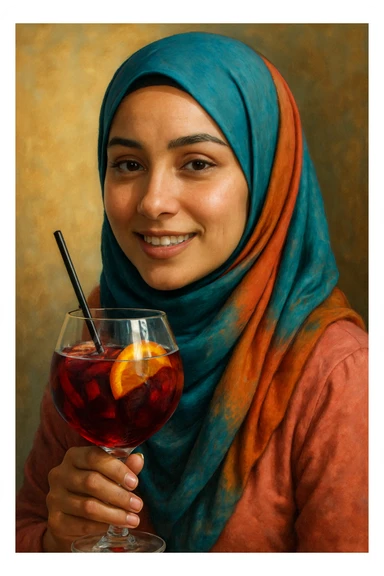 A woman wearing a hijab holding a glass of sangria sticker