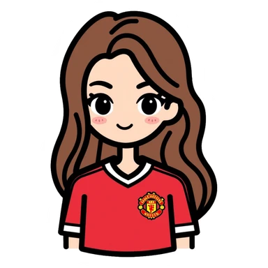 Cute girl with long straight brown hair, brown eyes with mascara, makeup, wearing a Manchester United red football kit sticker