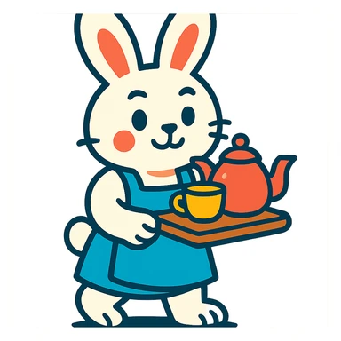 white bunny in apron holding tea tray, vibrant-toon style sticker