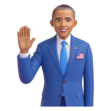 Barack Obama waving, cartoon emoji style, with a blue suit and American flag pin sticker