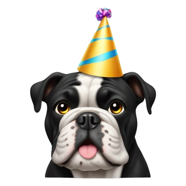 Solid Black bulldog with a party hat sticker