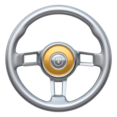 A futuristic steering wheel emoji made of silver chrome, minimal geometric design, smooth metallic surface, soft reflections, iOS emoji style, centered, clean white background sticker