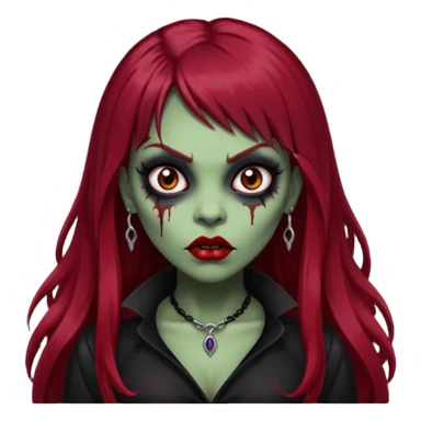 vampira gótica parda zumbi de cabelo longo e vermelho extremamente escuro e franja e roupa com decote e batom preto sticker