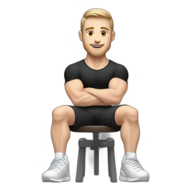 Pale skinned Fit Man With the biceps and dark brown hair in black shirt, gray sports shorts and white Sneakers Sitting on a chair sticker