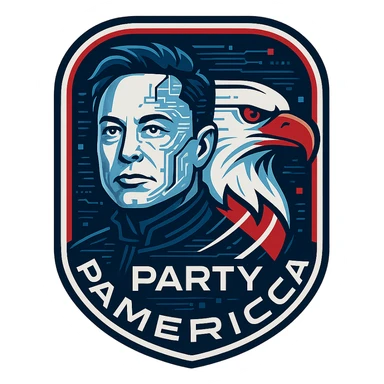futuristic badge for 'Party America' showing a hybrid of Elon Musk and an American eagle, with 'Party America' text included, clean, tech-inspired style with patriotic colors sticker