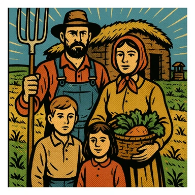 A homestead farming family from the 1860s standing in front of their sod house on the Great Plains. The father is holding a pitch fork and the mother is carrying a basket of crops. The land in the background has crops which are struggling to grow with a small well sticker