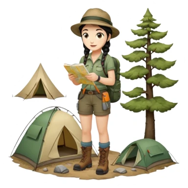A braid black hair backpacking woman checking her map with curious eyes while walking wear camping hat and dirt covered boots full body sticker