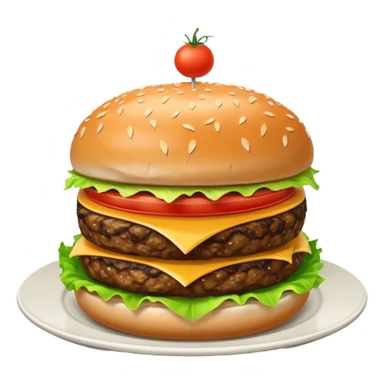 Draw a hamburger on a plate using a front camera with a 10-degree angle from the ground, ensuring the object remains stationary without rotation or tilt. sticker