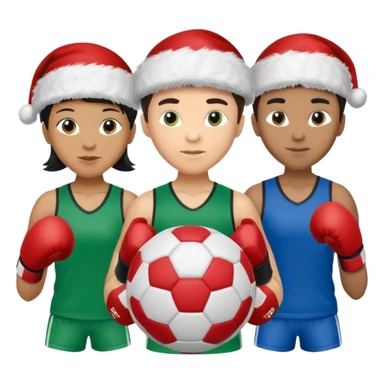 crie a imagem de 3 atletas de modalidades diferentes, usando elementos esportivos, como por exemplo bola de futebol, luvas de luta e bola de vôlei... e usando um chápeu de papai noel das cores verde e azul. sticker