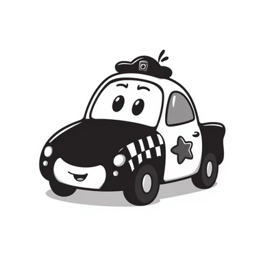 A hand-drawn police car with a determined, friendly face and a police hat sticker