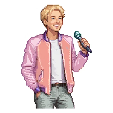 Pixel art style, expressive male performer, Caucasian features, short sandy blonde hair, lively eyes, wide cheerful smile, wearing a coral violet jacket over white tee, tossing a microphone in one hand, waist-up, front-facing sticker