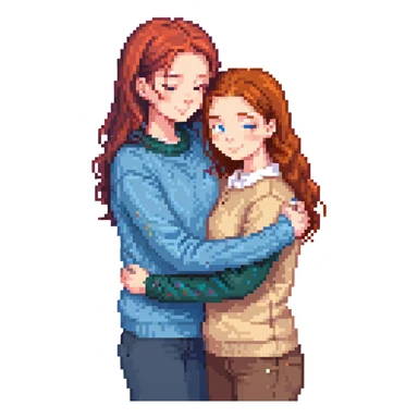 A red-haired girl in a beige blouse hugging a brunette in a blue sweater, warm colors sticker