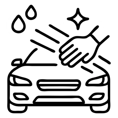 outlined icon of a high-end car with a hand wearing a black glove cleaning the hood, water drops, shine, silver and white details, smooth motion lines, modern and clean sticker