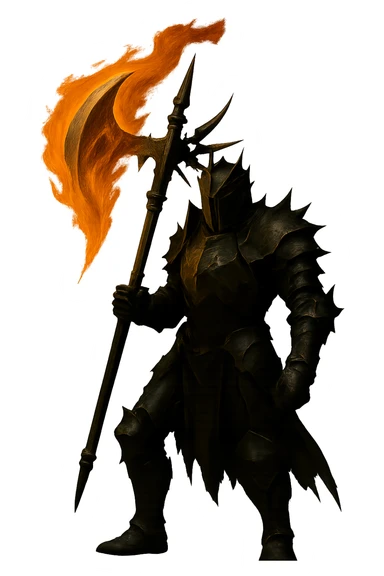 Remove the background, keep only the scary knight holding the super realistic flaming halbert, preserve all details. The style should maintain the realistic and detailed look of the original image. sticker