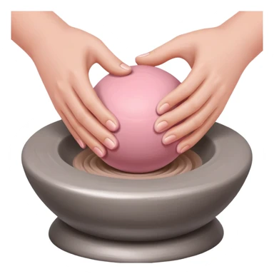 two hands kneading a pink ball of clay over a silver pottery wheel without the clay touching the wheel sticker