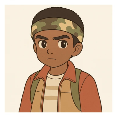 Create a character of Lucas Sinclair from Stranger Things inspired by the provided reference image. Use a simple line style with thick outlines, colored in light pastel tones, in the Ghibli style. Format the image in a 1:1 aspect ratio. sticker