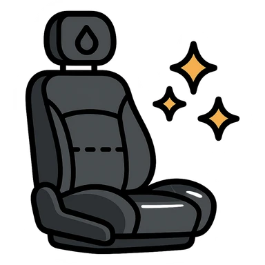 luxury car seat icon in matte black with a small droplet or shield on the headrest, elegant stitching, minimalist lines, extra shine and sparkling effects, modern and clean style, no text sticker
