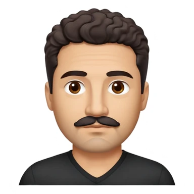 Hispanic man in his 40s with light cinnamon skin. Structured face with defined jawline. Calm brown eyes. Natural thick eyebrows. Connected mustache and chin beard (goatee) in black with a few gray hairs. Short curly dark hair. Wearing a black V-neck t-shirt. sticker