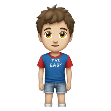 A boy with Brown hair, blue/gray eyes, blue t-shirt with a japaneese flag a jeans short and jordands, under da boy is a text that say´s take it easy sticker