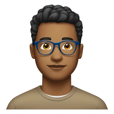 23 year old, brown man, black hair taper fade haircut, clear glasses, wide head, blue shirt sticker