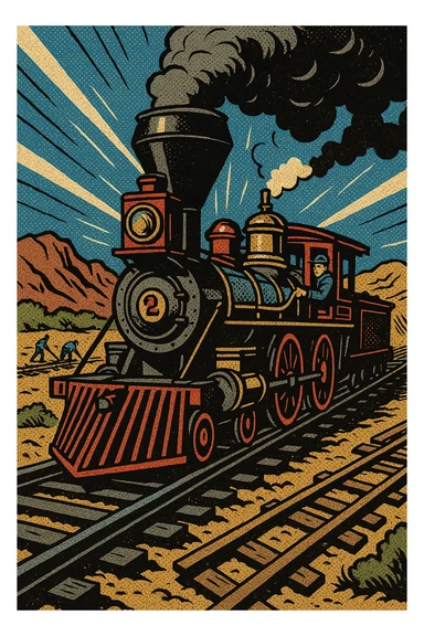 A steam train engine on the Transcontinental Railroad in the American West in the 1860s with the railroad tracks being built in the background sticker