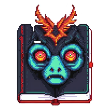 red book with glowing eyes and dark aura in pixel art style sticker