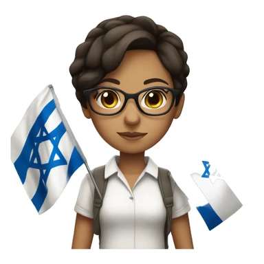 Brunette girl with glasses and short hair holding Israeli flag  sticker