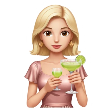 Pretty Blonde model, brown eyes, wearing a rose gold dress with short sleeves, with a margarita glass sticker
