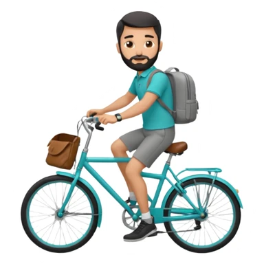 a man with a grey backpack and a torquoise byciycl and he has black shot=rt man hair and a beard with a polo grey shirt and dress pants and hes riding it with pants remeber sticker
