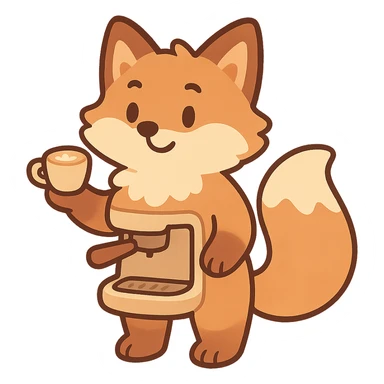soft pastel style, soft fluffy fox as a coffee maker holding a tiny latte cup, brown and beige tones, full-body sticker
