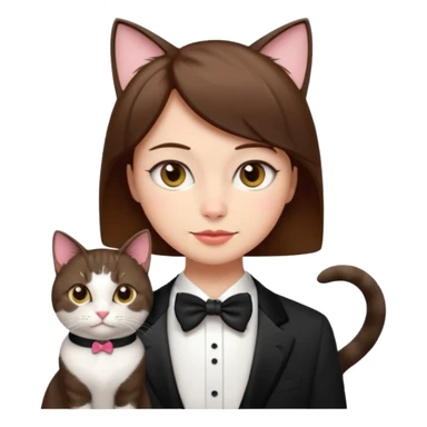slightly more feminine woman with short brown hair and a tuxedo cat, emoji style sticker