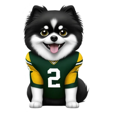 Black and white Pomeranian wearing Green Bay Packers sticker