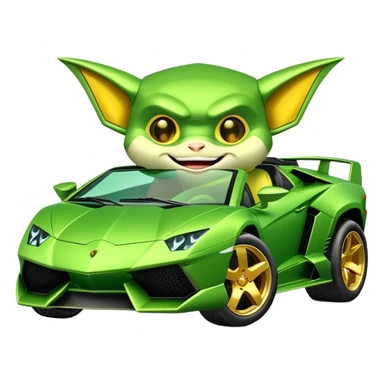 green lambo car with gremlin driving with a smile sticker
