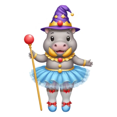 Hippo with a clown nose, a wizard hat, a ballerina tutu, a bikini, sandels and white socks  sticker