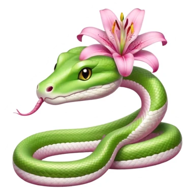 A cute light green and white snake with a pink lily flower on its head. sticker