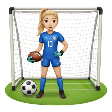 Make a dirty blonde football goalkeeper with goalkeeper gloves on holding a football. The girl is light skinned and wearing a football kit and football shoes. Standing in front of football goal. Wearing a ponytail with the dirty blonde hair. Without a American football ball sticker