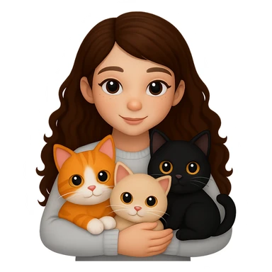 Change the girl's hair color to brown and have her hug three cats, each a different color, in the style of apple emojis. Remove the background. sticker
