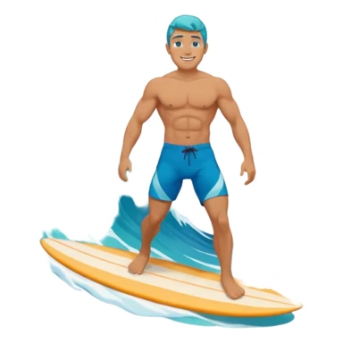 human male surfer riding a turquoise wave, muscular torso, shorts, big smile, bright sun, centered emoji, summer palette sticker