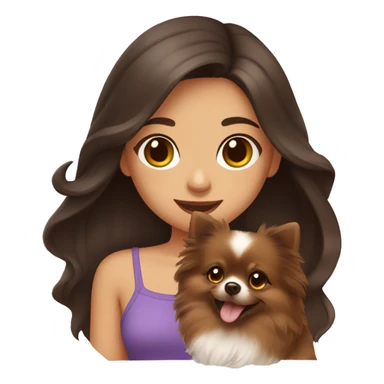Girl with long wavy dark brown hair and medium brown eyes holds her pet pomeranian sticker