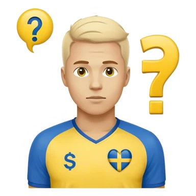 Swedish male soccer player with question mark on the right corner with yellow and blue clothes and with the Swedish flag on the chest and with a question mar outside the emoji sticker