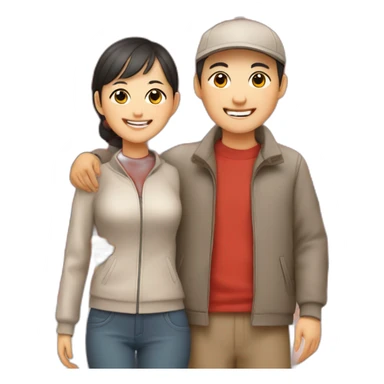 Happy skinny Chinese parents with caps. Standing in a park in front of an red autumn tree sticker